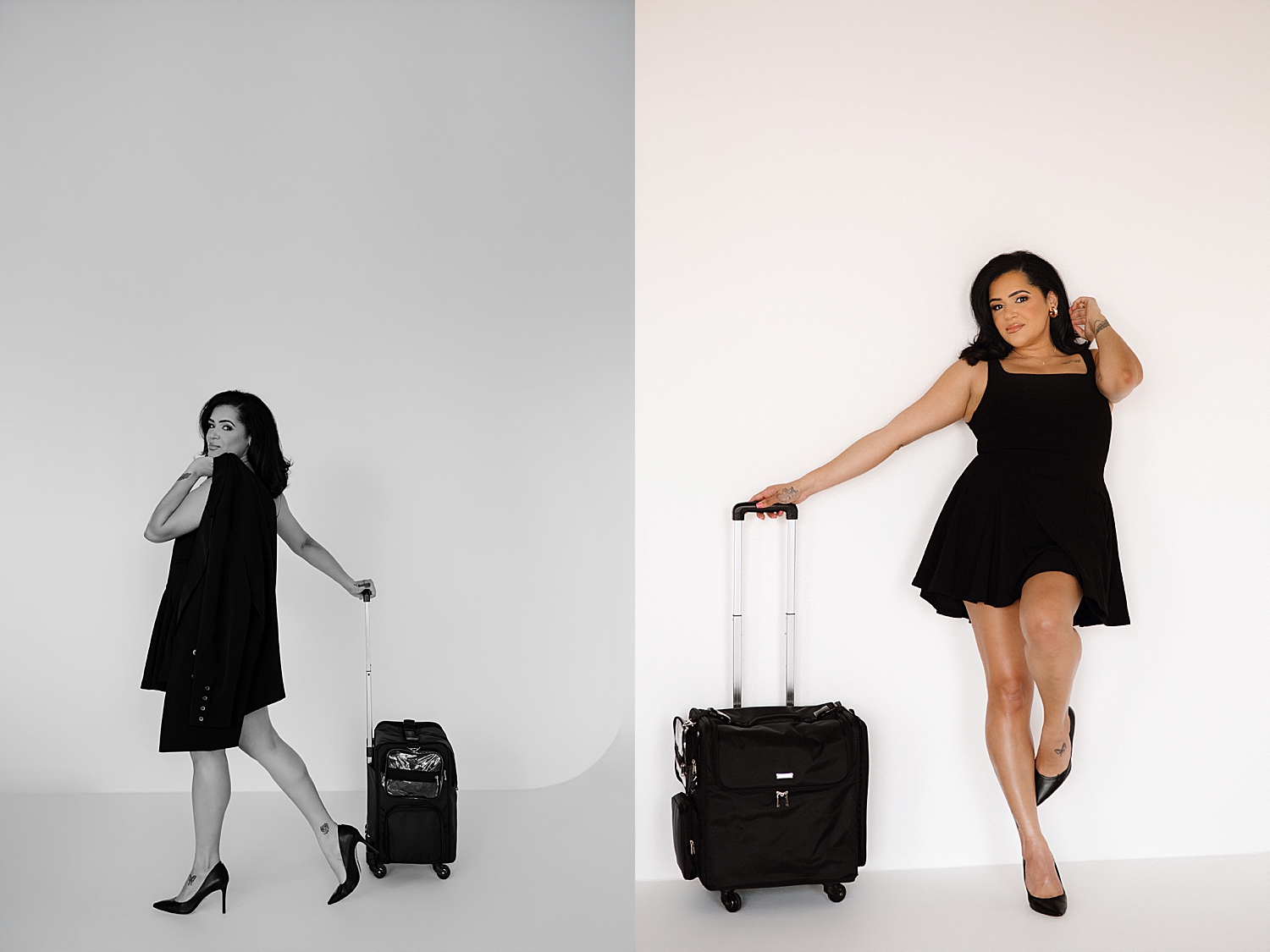 woman with rolling makeup suitcase for Hairstylist Brand Shoot