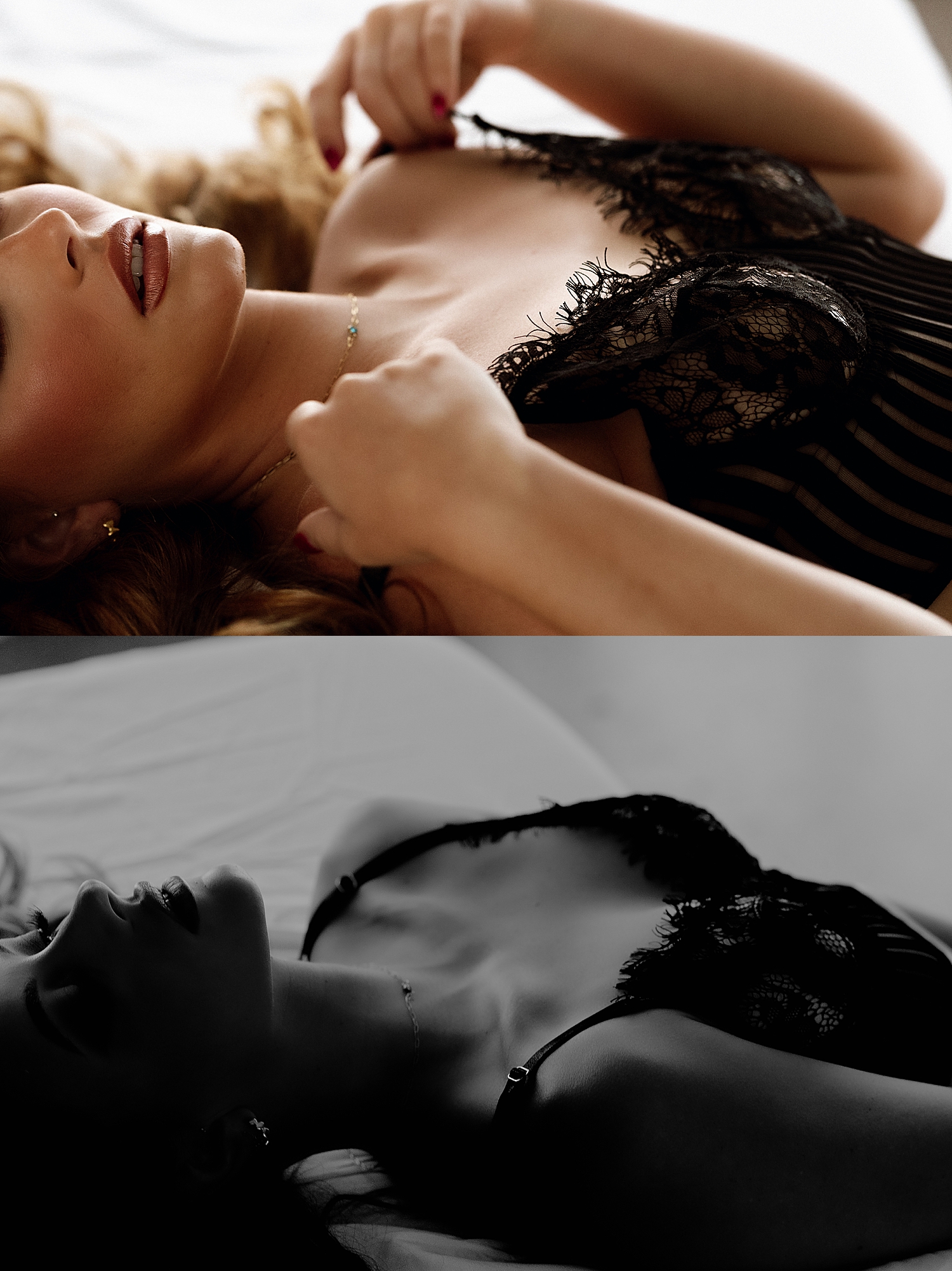 woman wearing black lace teddy leans back by Love Kay Collective 
