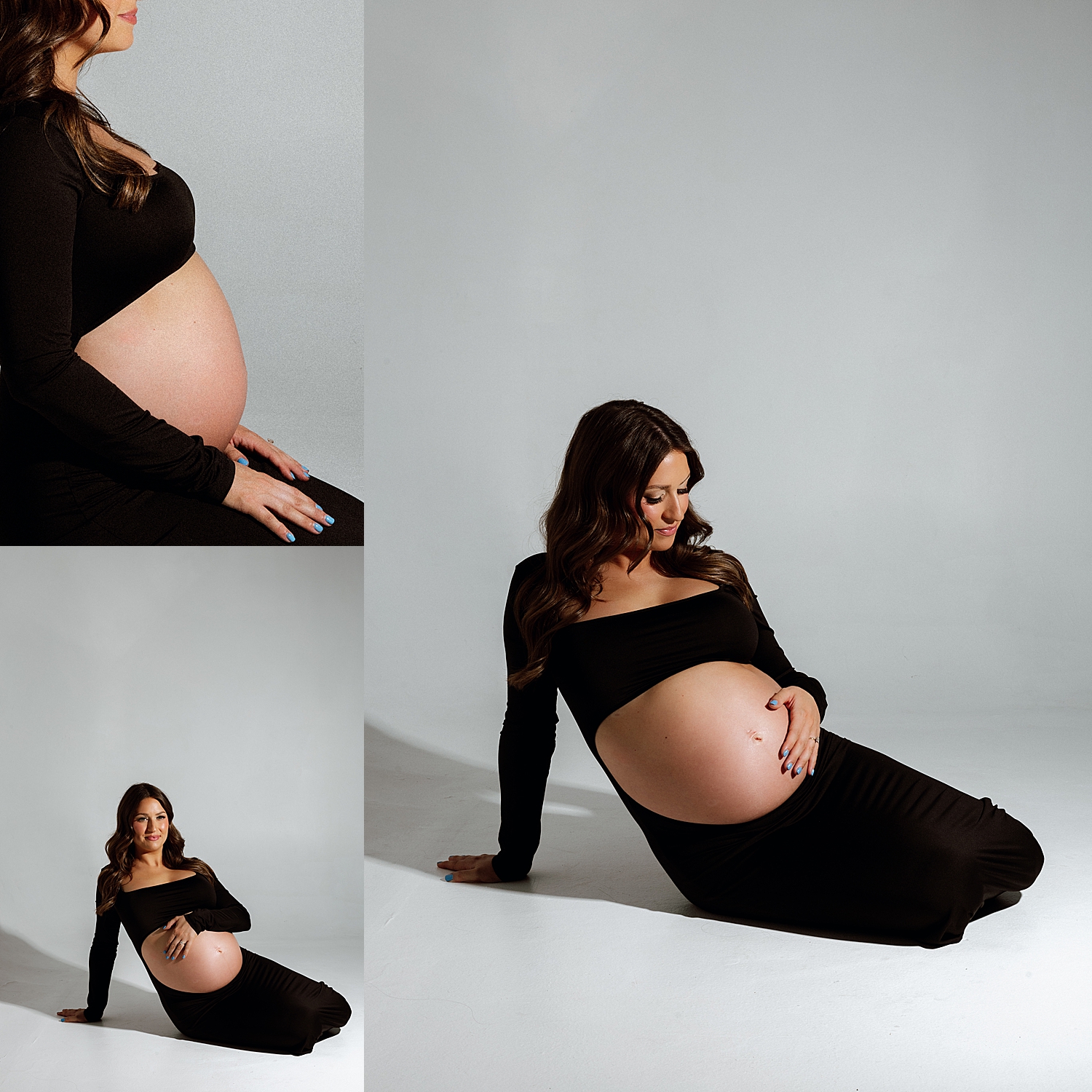mom with baby bump in black cutout dress by Love Kay Collective