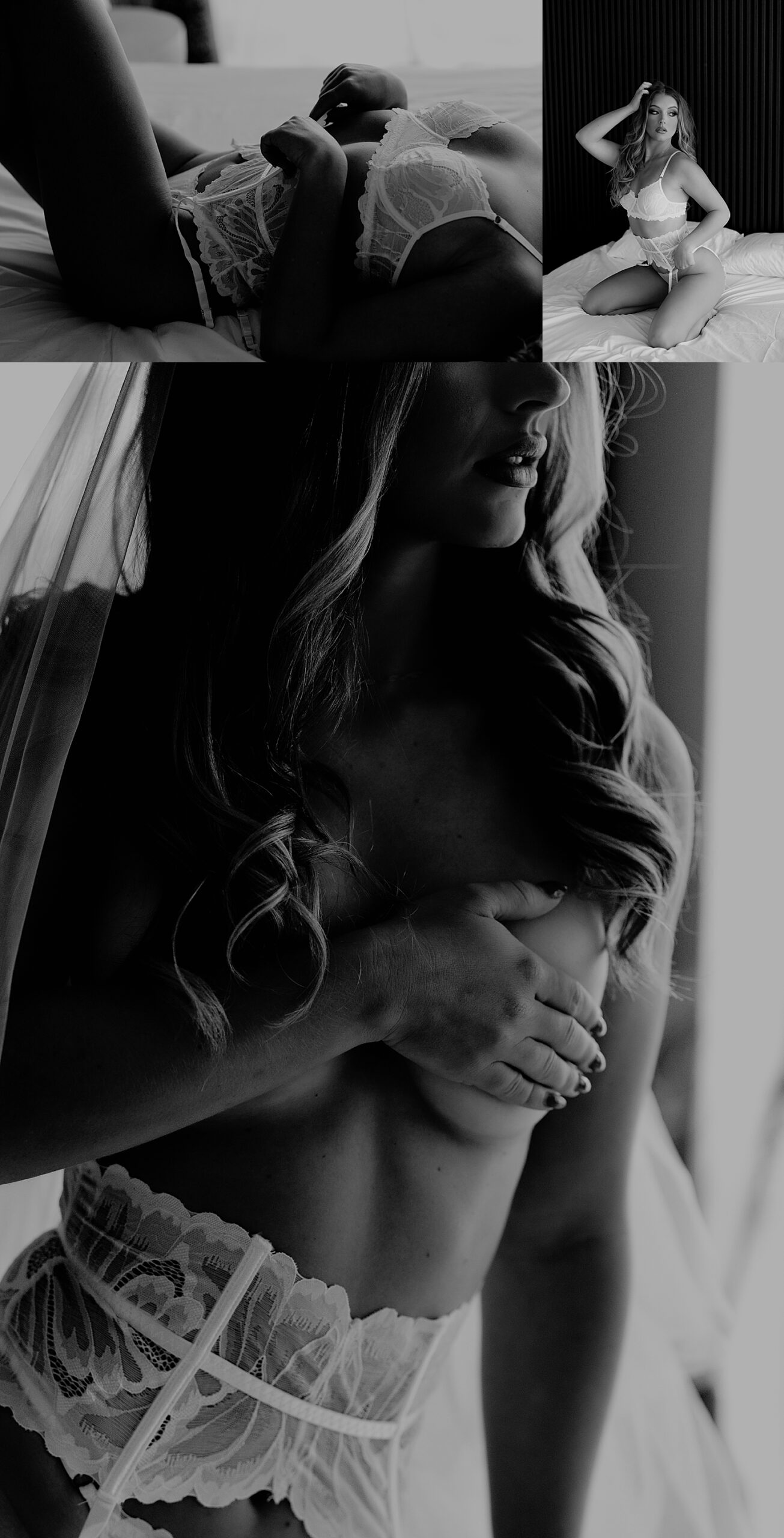 woman kneels on bed topless by Love Kay Collective