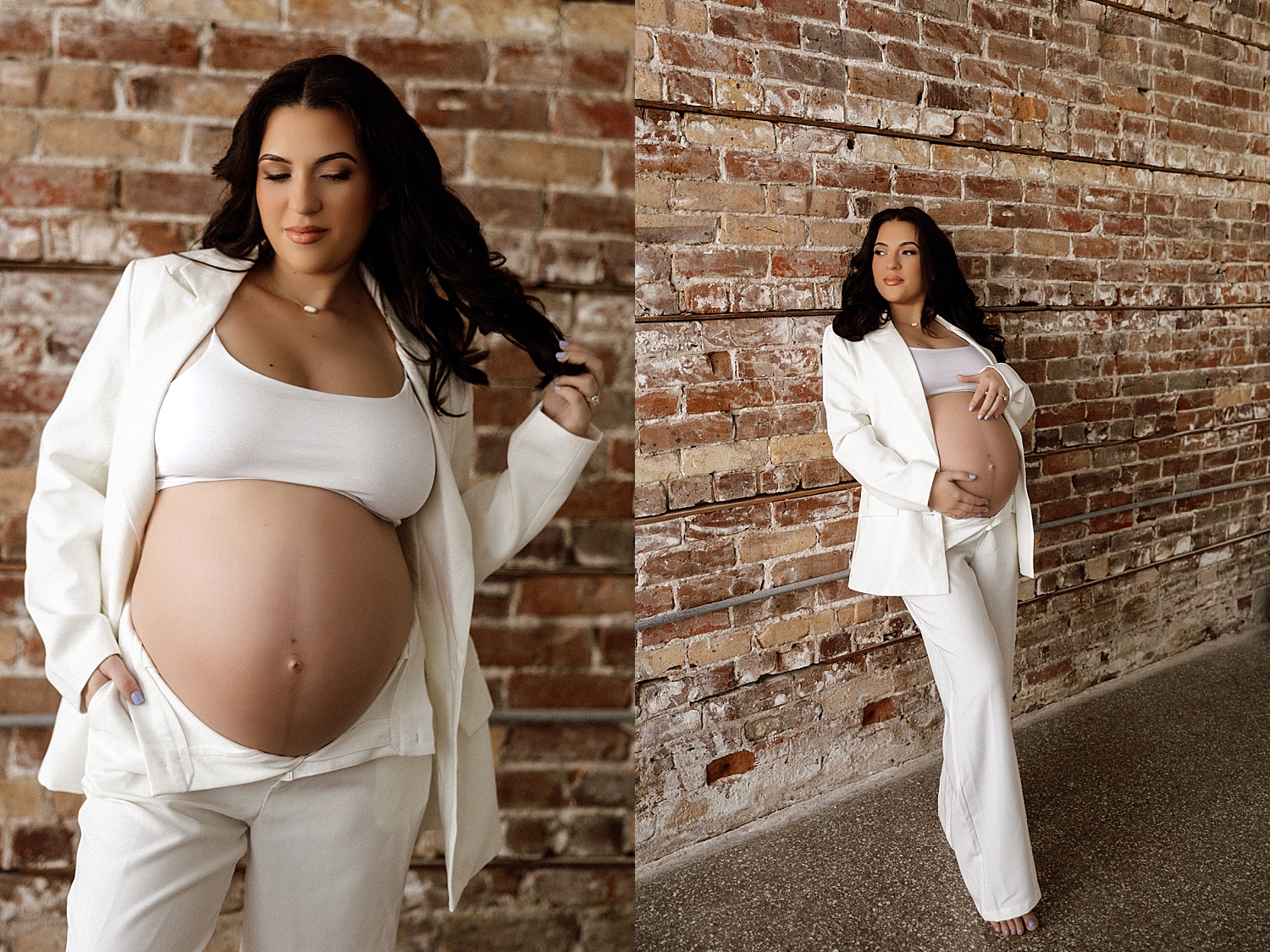 brunette in white blazer set holds bump for Studio Glam Mama Session