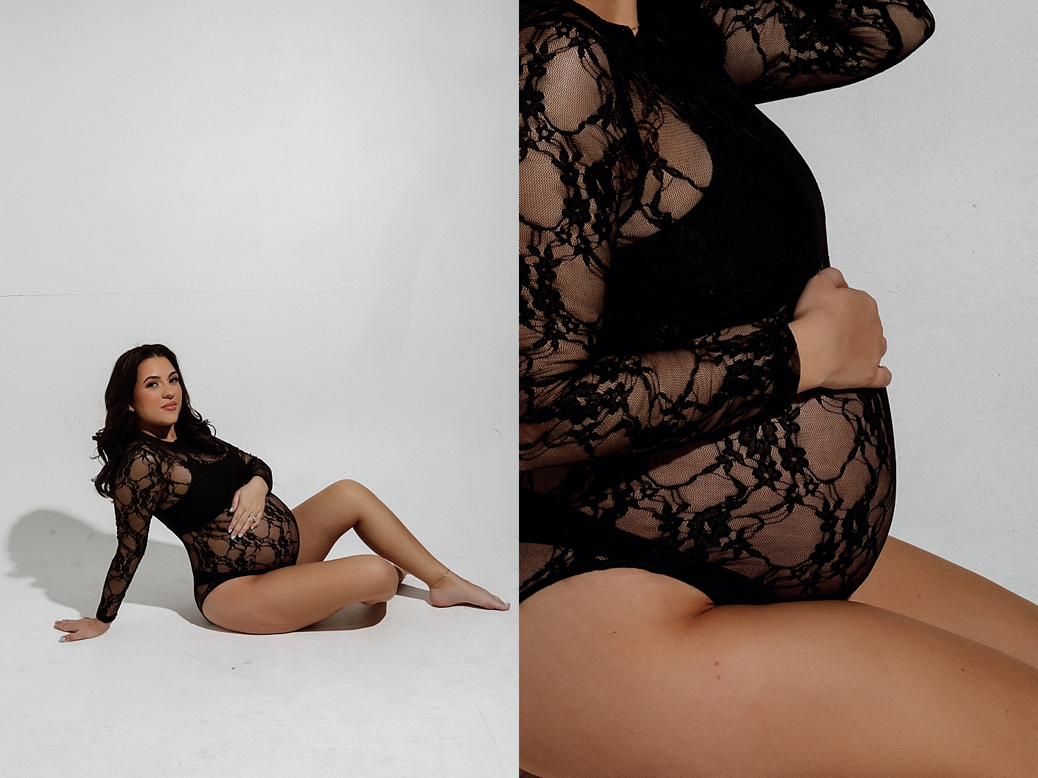 mom to be sits on white studio floor by Love Kay Collective
