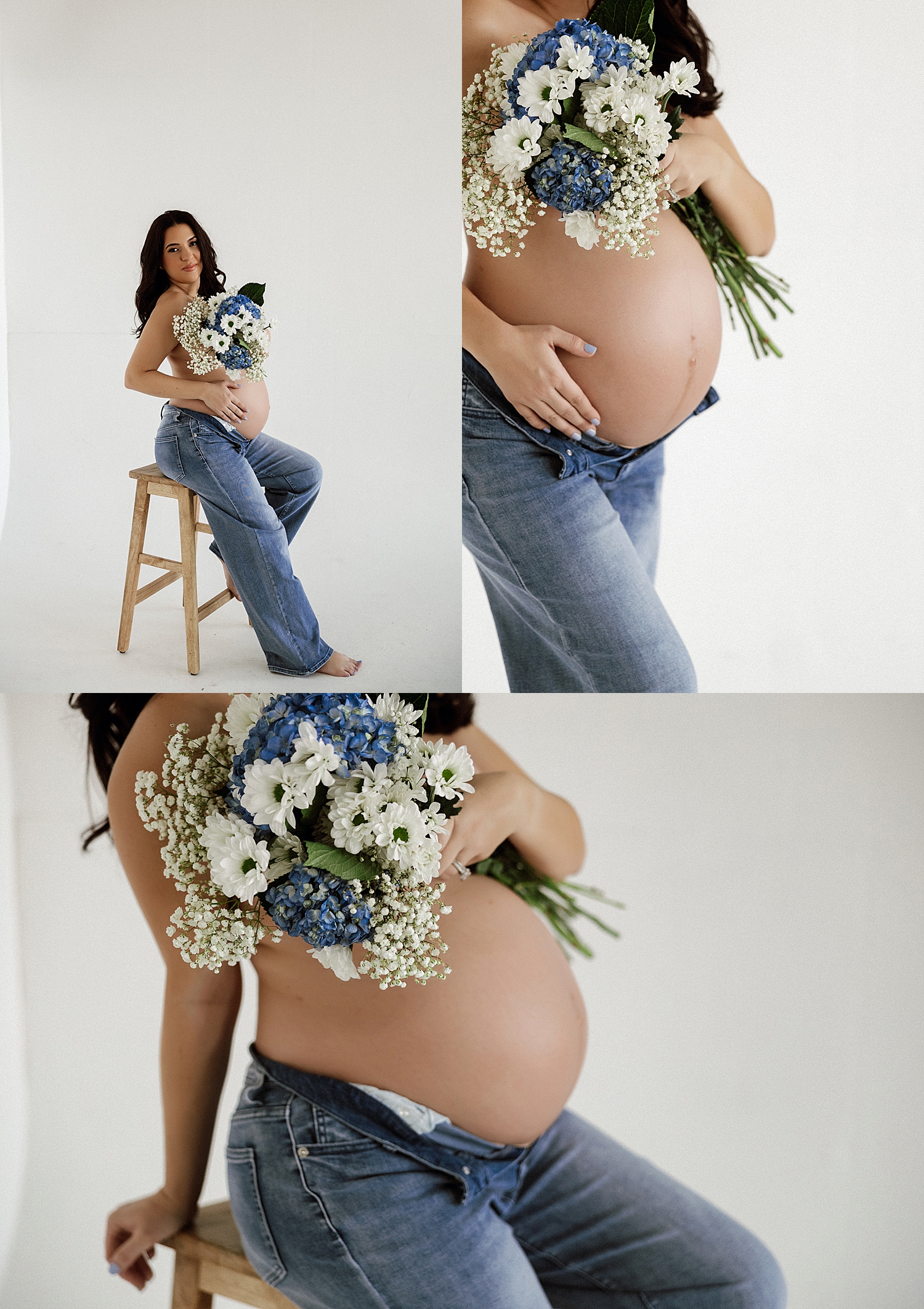 brunette in denim covers herself with flowers by Love Kay Collective