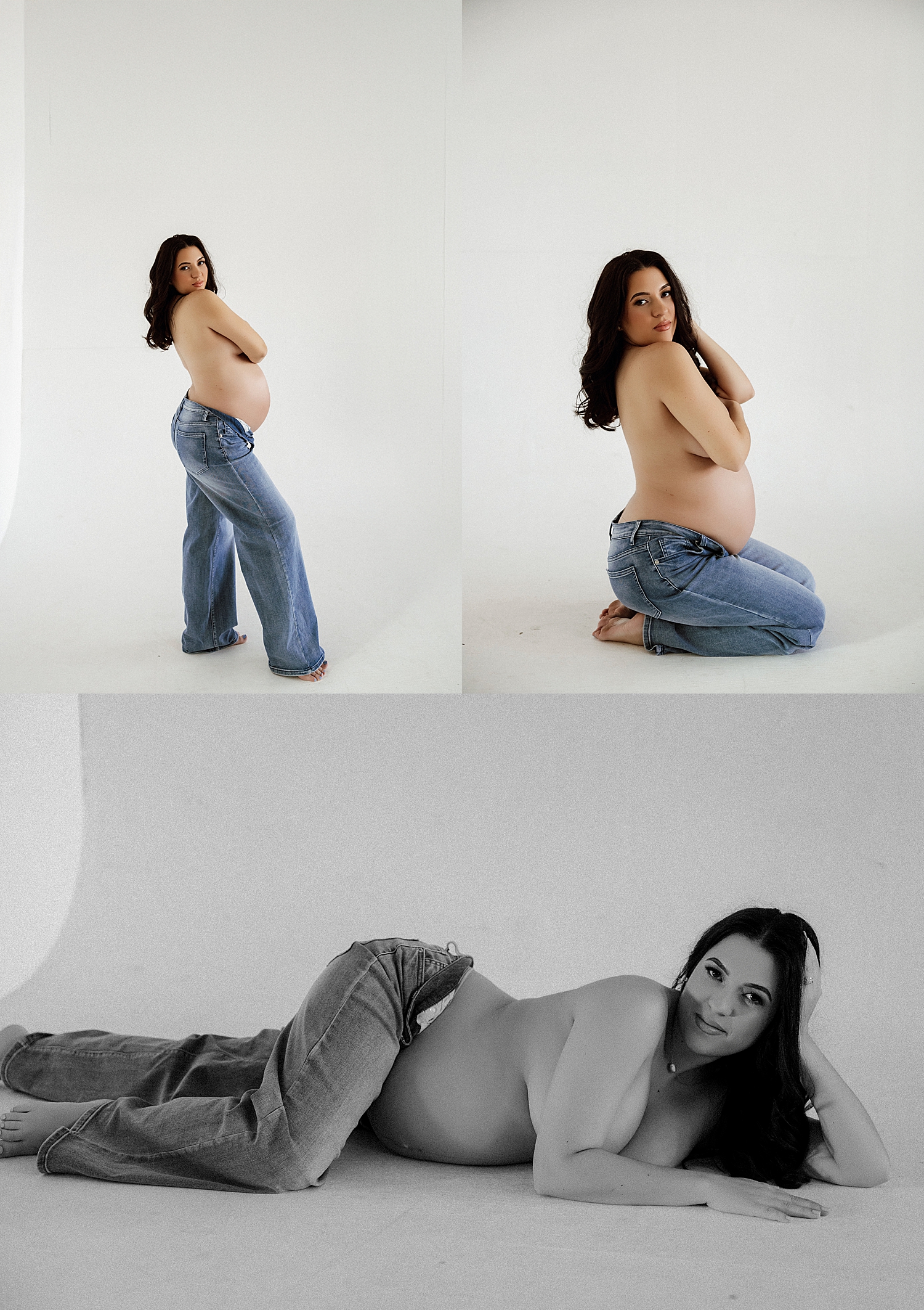 pregnant woman topless in denim on white backdrop by Tampa boudoir photographer