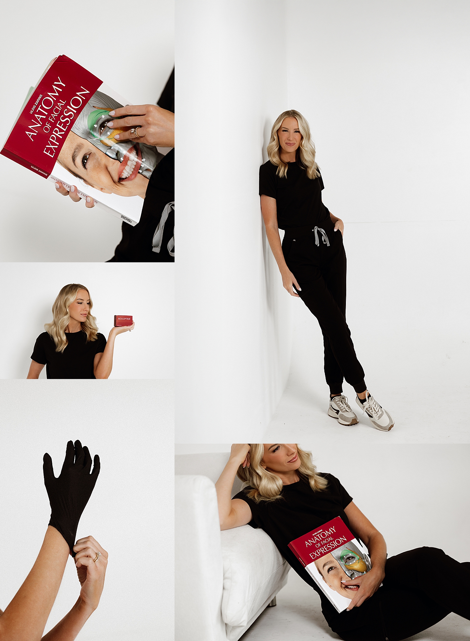 Esthetician stands with book in white studio for Best Branding Session