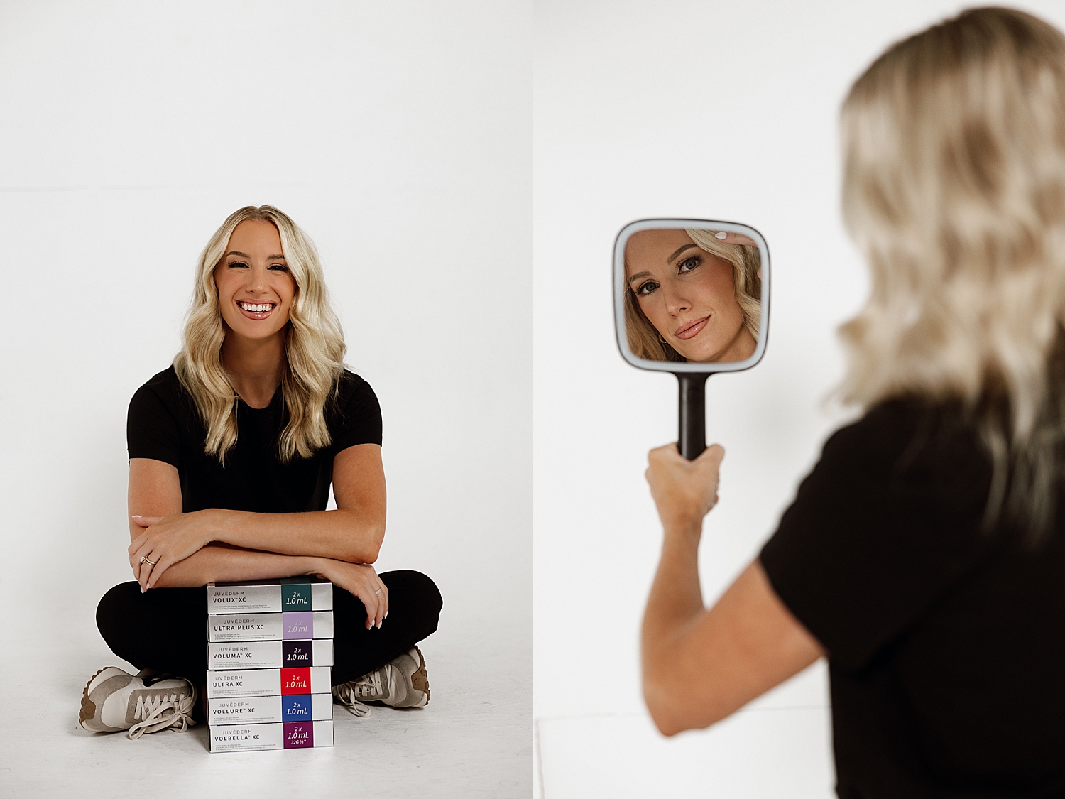 Esthetician holds up hand mirror to check face by Love Kay Collective