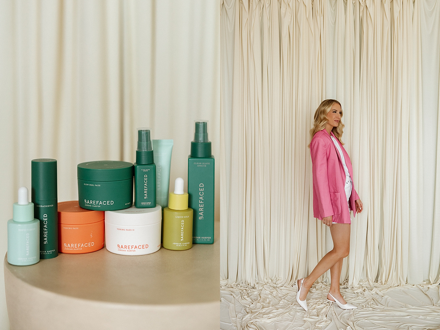 blonde in pink blazer in front of white curtains in studio by Tampa Photographer