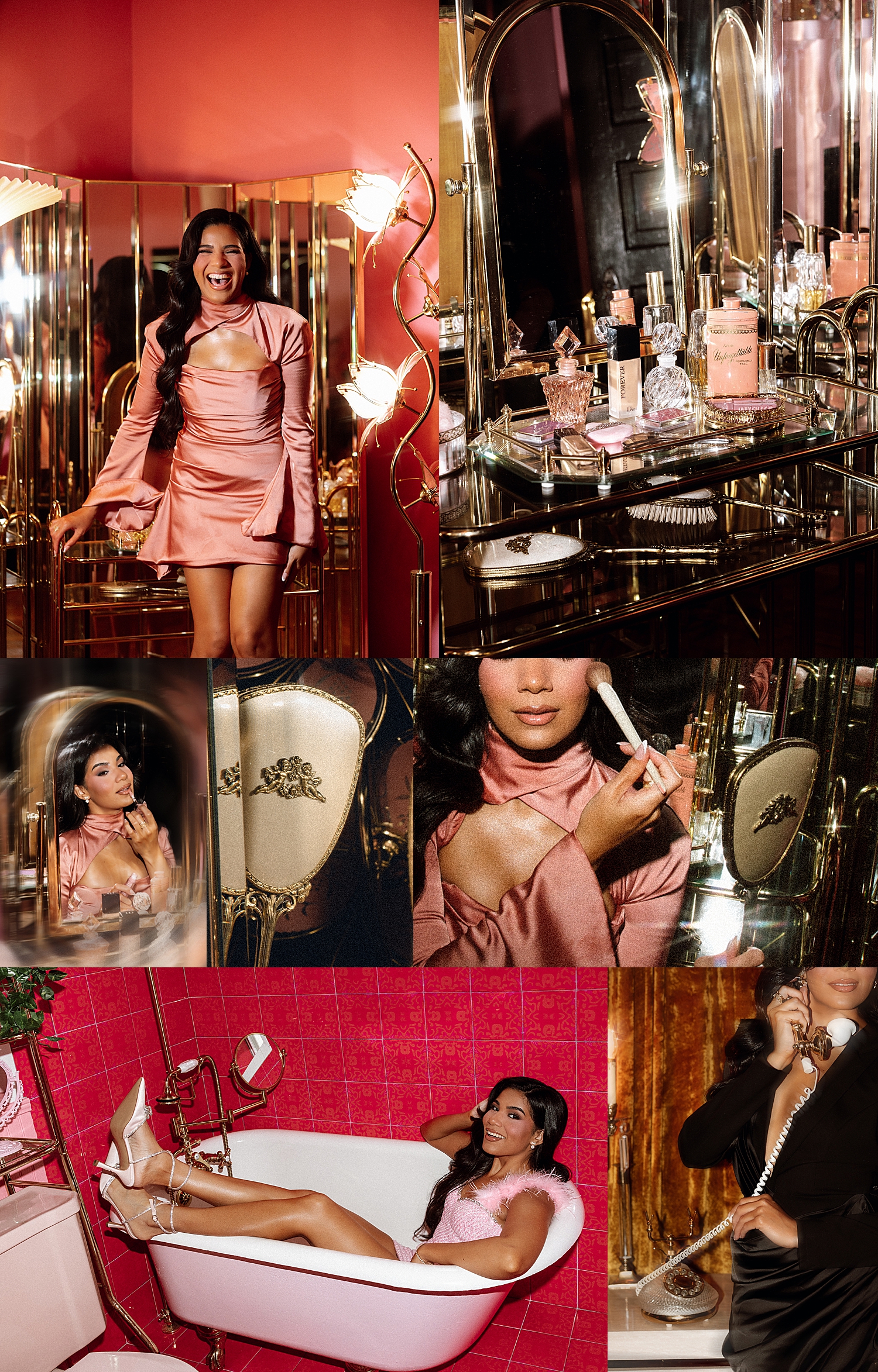 makeup and hair artist applies products in mirror by Tampa Photographer