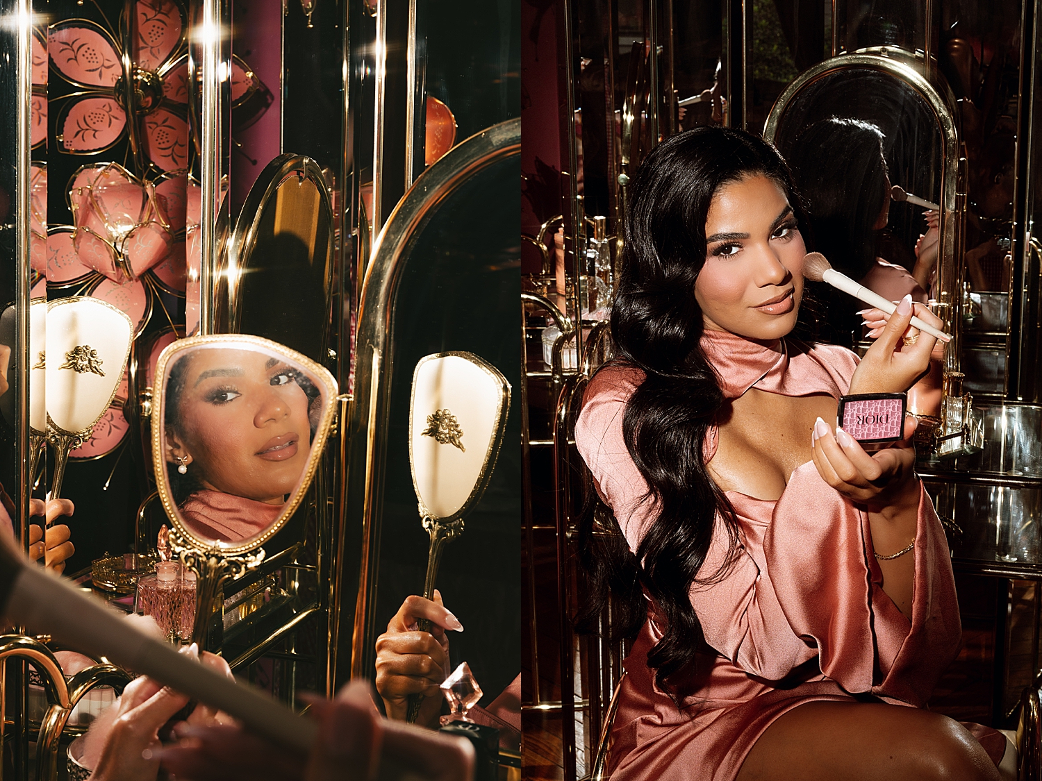 makeup artist holds up vintage hand mirror by Love Kay Collective