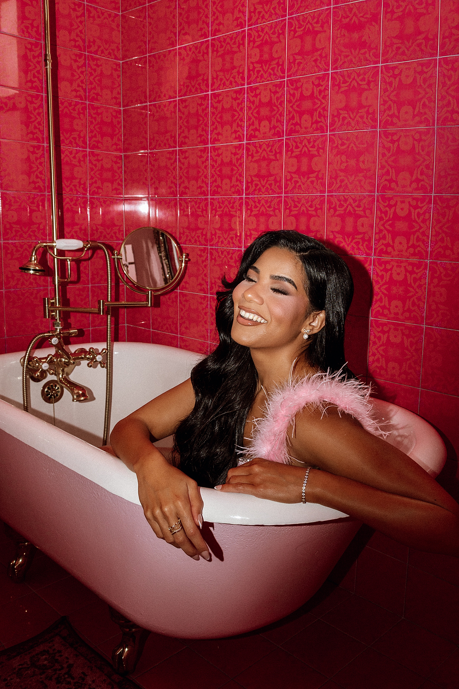 brunette sits in pink tub by Tampa Photographer