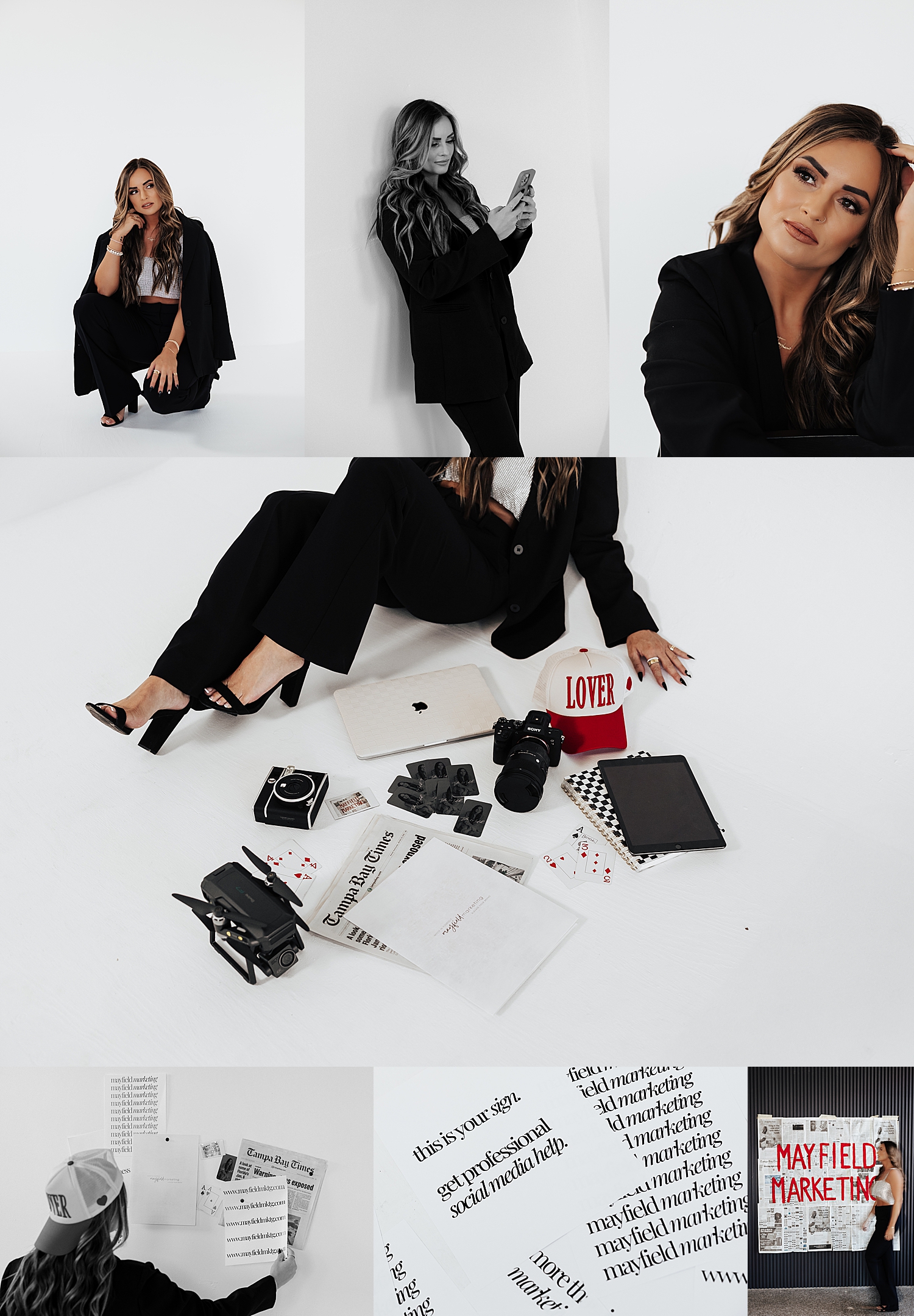 woman in black blazer sits with cameras and phones by Love Kay Collective