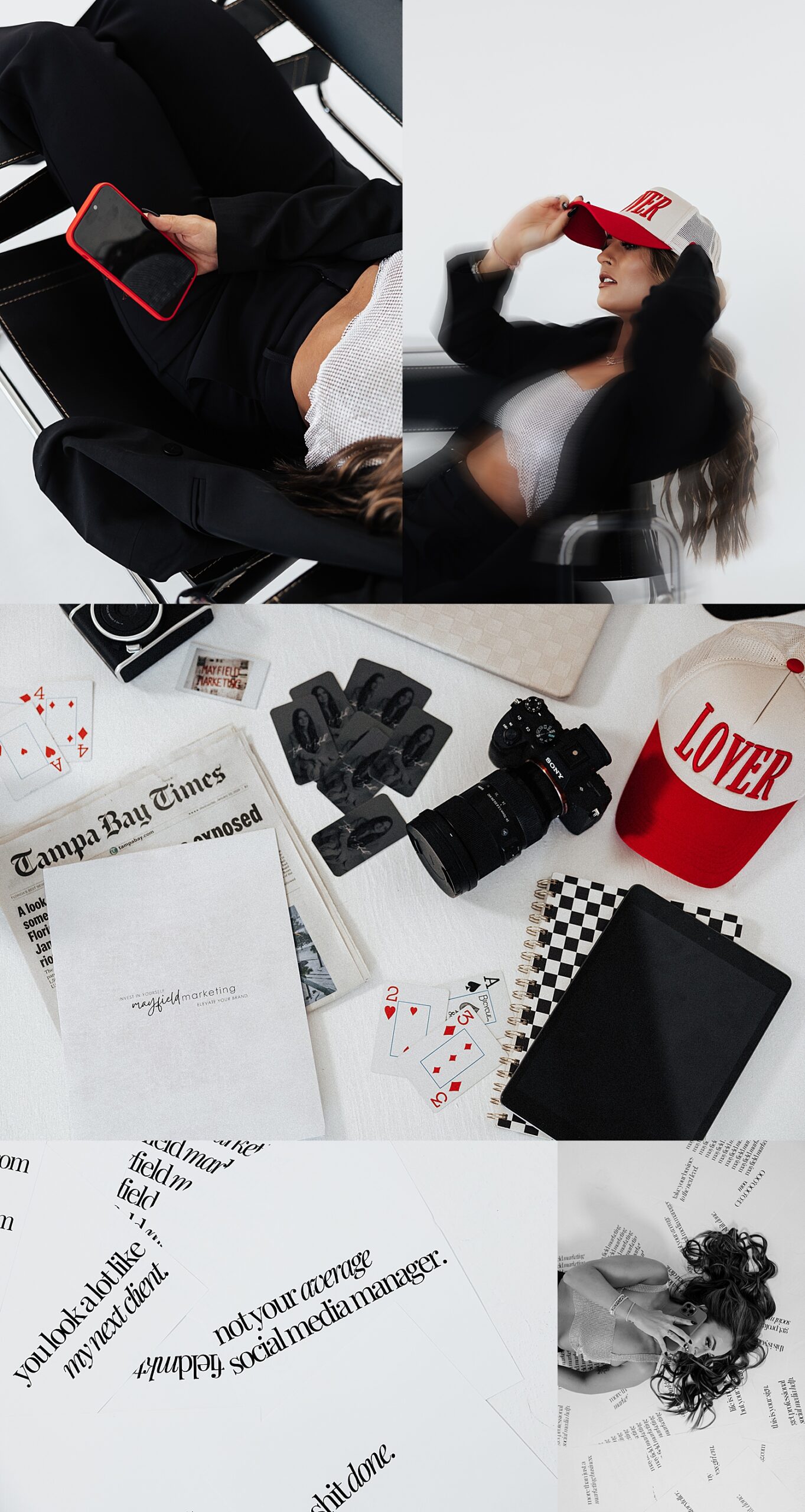 woman in red cap holds phone and sits next to camera by Tampa Photographer